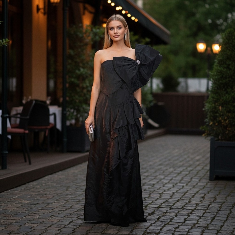 Vintage 80's Climax Karen‎ Okada David Howard Black One Shoulder Bow Ruffle Gown